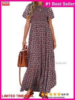 Floral Maxi Dress Flutter Sleeve Smocked Tiered A-Line Casual Summer
